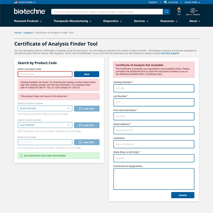 Bio-Techne COA Finder Tool